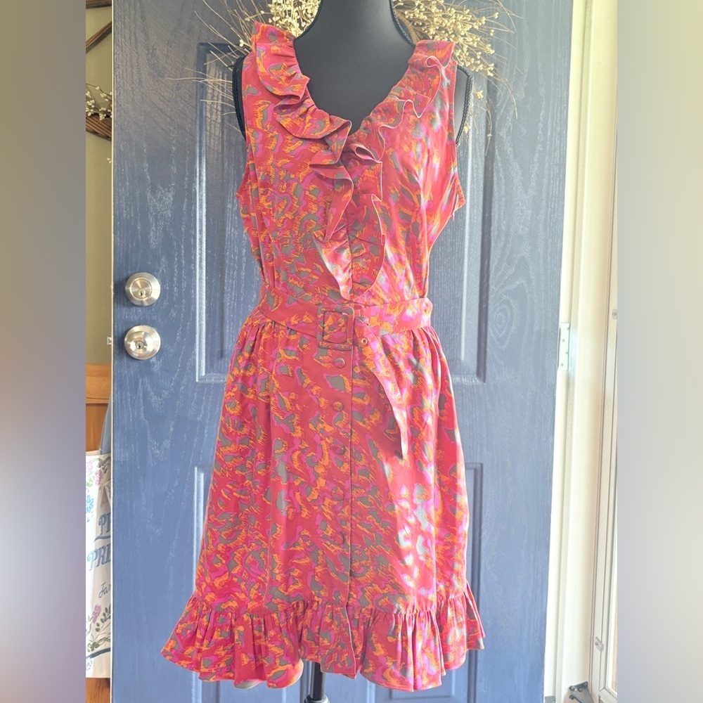 Rachel Zoe 100% Silk Red Ruffle Belted Midi Dress with pockets size 10 NWT